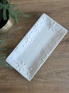 Handmade in Italy White Ceramic Long Plate Tray with Snowflakes